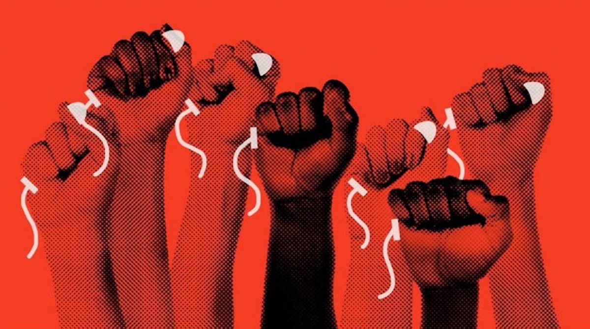 Illustrated raised fists in solidarity, representing advocacy and community strength